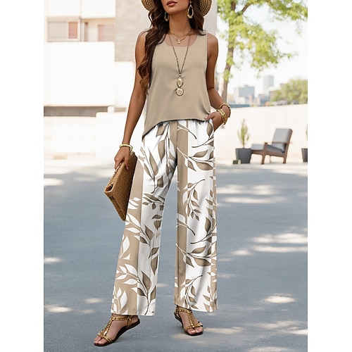 Frauen Hosen Sets Urlaub Mode Täglich Ärmellos U-Ausschnitt Grafisch Geometrisch Leger Täglich Wochenende Blau Grün Khaki Sommer Regelmäßiger Schnitt Image