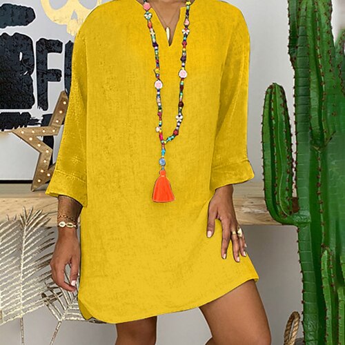 Damen Minikleid Baumwoll Mischung Baumwoll-Leinen-Kleider Shiftkleid Mode Basic Klassisch Täglich Ausgehen Wochenende Normale Passform Einfach Langarm V Ausschnitt Weiß Gelb Armeegrün Marineblau Image