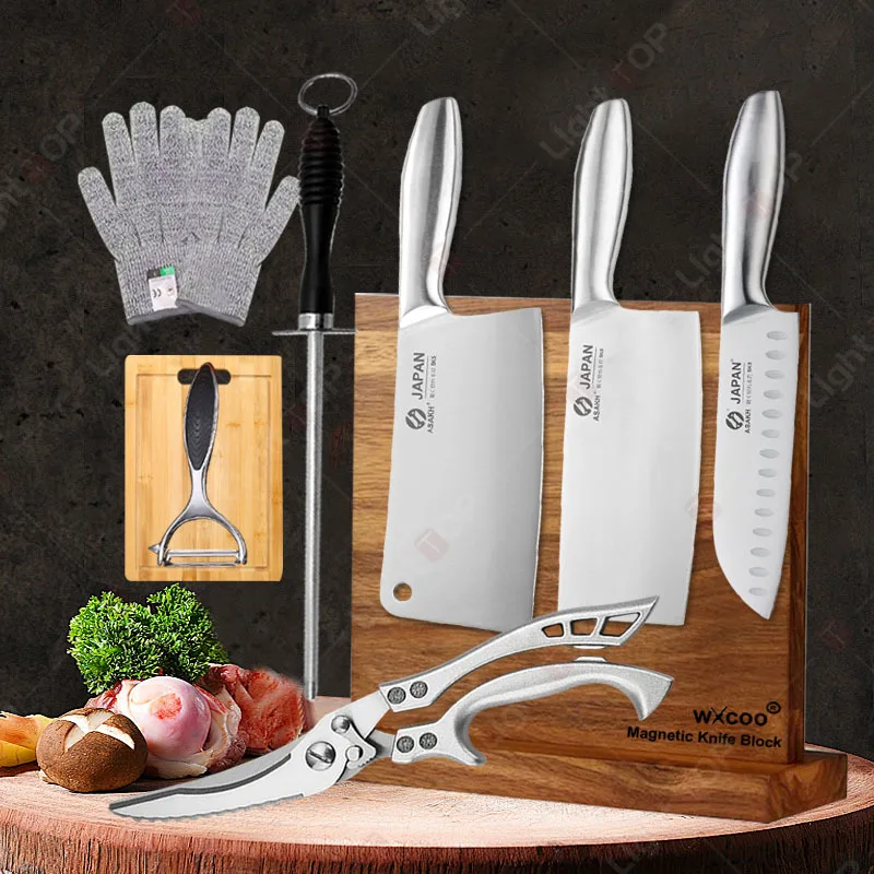 Japanische Küchenmesser Hohlgriff Hackmesser Kochen Fleischbeil Obstmesser Massivholz Magnetischer Messerblockhalter Image