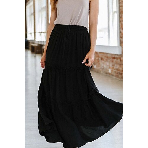 Damen Lässig Maxi Hoher Bund Röcke Einfach Gerafft Kordelzug Mikroelastisch Ausgehen Alltagstauglich Wein Schwarz Armeegrün Violett Sommer Baumwolle Image