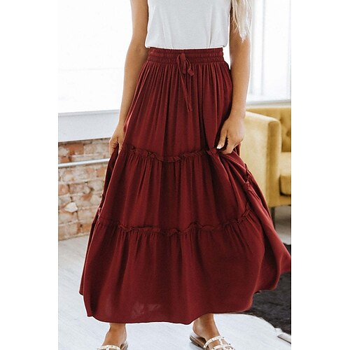 Damen Lässig Maxi Hoher Bund Röcke Einfach Gerafft Kordelzug Mikroelastisch Ausgehen Alltagstauglich Wein Schwarz Armeegrün Violett Sommer Baumwolle Image