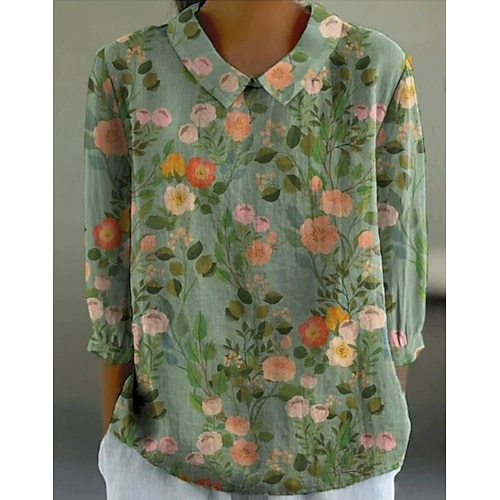 Damen Bluse Lange Ärmel Peter Pan Kragen Freizeit Floral Bohemia Alltag Stilvoll Kragen Reguläre Tops Alltag Knopf Druck Pink Blau Orange Grün Khaki Sommer Frühling Image