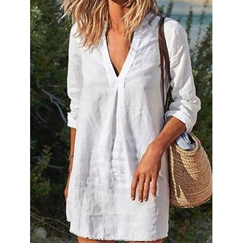 Damen Mini Kleid Shift Kleid Leinen Casual Alltag Regulär Fit Grafik Langarm V-Ausschnitt Schwarz Weiß Wein Grau Sommer Image