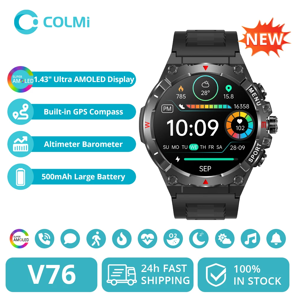 2025 COLMI V76 GPS-Smartwatch, 1,43 Zoll Ultra-AMOLED-Display, integrierter Kompass, Höhenmesser, Bluetooth-Anruf, Smartwatch, 500 mAh Akku Image