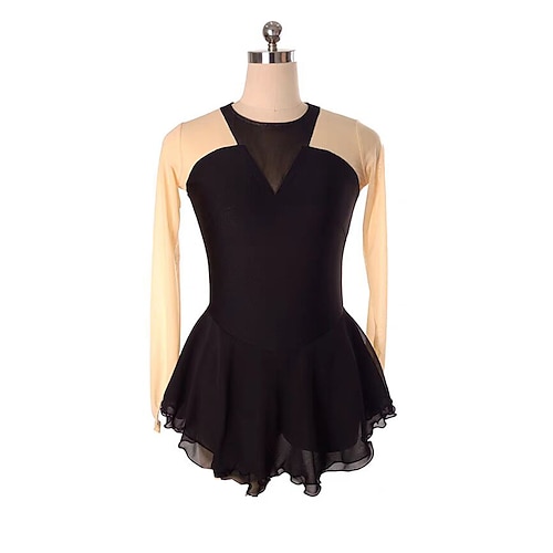 Eiskunstlaufkleid Damen Mädchen Eislaufen Kleid Schwarz Patchwork Daumenloch Netzstoff Spandex Dehnbar Training Übung Professionell Eiskunstlaufkleidung Thermowarm Kristall / Strass Langarm Eislaufen Image