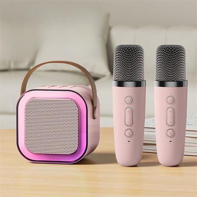 Mini Karaoke Machine Portable Bluetooth Mini Karaoke Microphone Singing Speaker with 2 Wireless Mic and Light for All Smartphones