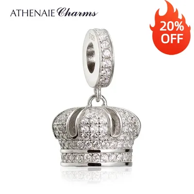 ATHENAIE 925 Silver with Pave Clear CZ My Queen's Crown Pendant Drops Fit All European Bracelets