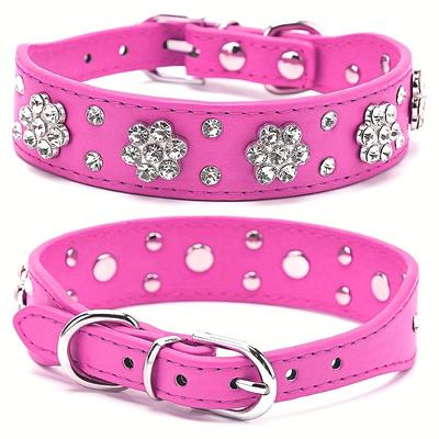TEMU Adjustable Bling Dog Collar With Flower Rhinestones, Hand Wash Only, For Small To Large Pets, Cute Sparkling Pet Collar Image