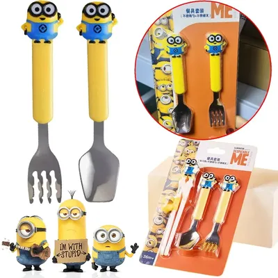 Despicable Me Minions Portable Baby Spoon Fork Tableware Bag Anime Tableware Storage Box Travel