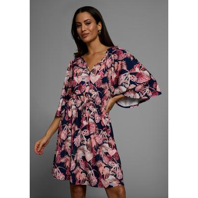 Sommerkleid LAURA SCOTT, Damen, Gr. 40, N-Gr, bunt (gemustert), Jersey, Obermaterial: 95% Polyester, 5% Elasthan, bedruckt, gemustert, feminin, figurumspielend ca. Mitte Oberschenkel, tiefer V-Ausschnitt, 3/4-Ärmel abgesteppte Kante, Kleider, mit... Image