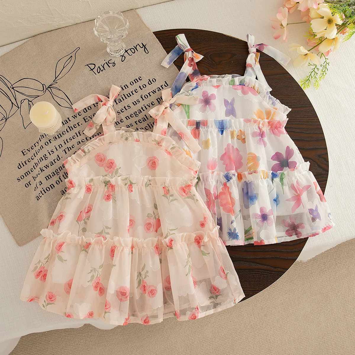 Baby Mädchen Kleid Sommer Schleife und Blumenmuster Neckholder Puffy Sanftes Mädchen Kinderkleid Niedliche lässige Baby Mädchen Prinzessin Kleider Image