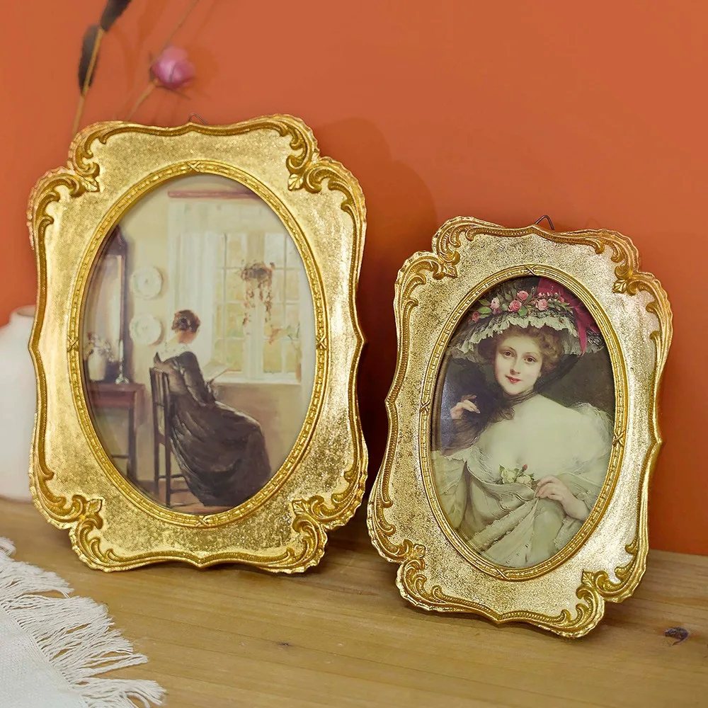 Ovaler Vintage-Bilderrahmen aus Gold, antiker verzierter Tisch, Wandmontage, Retro-Fotorahmen für Zuhause, Büro, Dekoration, altmodische Kunst Image