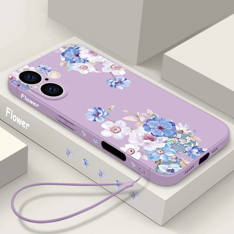 Blaue Blumen Silikon Soft Case für iPhone 16 15 Pro Max 14 15 Plus 13 12 14 Pro 11 Luxus stoßfeste Lanyard Telefon Abdeckung Fundas Image