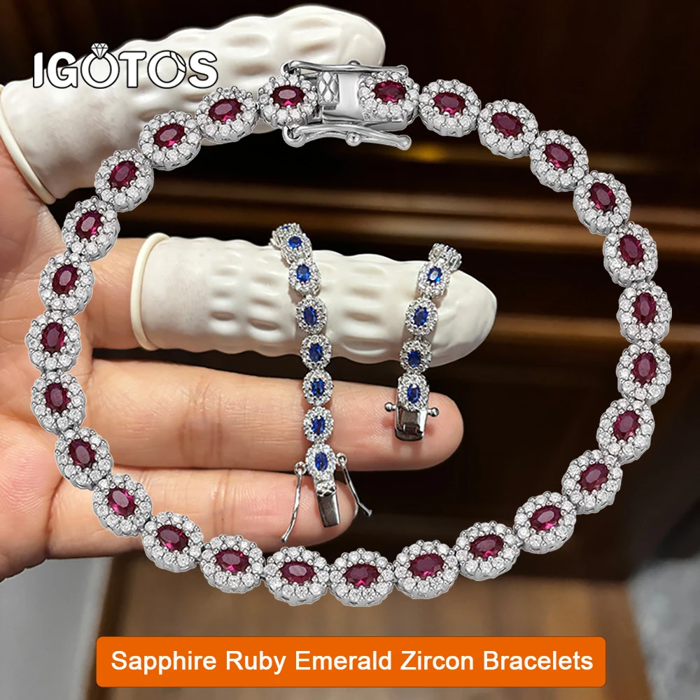 IGOTOS Rubin-Saphir-Smaragd-Zirkon-Armbänder, 925er-Sterlingsilber, ovaler Diamant-Edelstein-Armreif, Party-Edelschmuck für Frauen Image