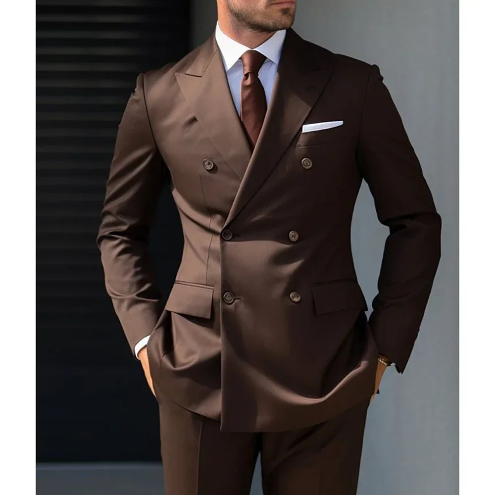Braune Herrenanzüge, zweireihig, spitzes Revers, formelle Party-Outfits, Business, hochwertig, elegant, 2-teilig, Jacke, Hose, maßgeschneidert Image
