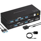 2 Port Displayport KVM Switch Support 8K60Hz 4K120Hz USB 3.0 DP1.4 KVM Switch for 2 Computers Share 1 Monitor with 4 Port USB 3.0 Hub Includes Desktop Control and 2xUSB Cables