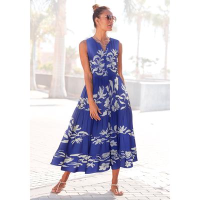 Druckkleid LASCANA, Damen, Gr. 40, N-Gr, creme, royalblau, Web, Obermaterial: 100% Viskose, bedruckt, modisch, figurumspielend knöchellang, V-Ausschnitt, ohne Ärmel, Kleider, mit Volants Image