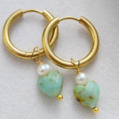 Anthropologie Jewelry | Gold And Green Heart Drop Earrings, Australian Opal Faceted Heart & Pearl Hoops. | Color: Gold/Green | Size: Os