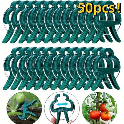 TEMU 50pcs Green Plastic Garden Plant Support Clips - Lever Design For Vines, Tomatoes & - Includes Bonus Vine Support Rakes Image