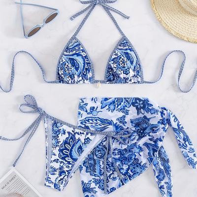 TEMU Women'-piece Separate Swimsuit, With Decorations, Featuring A Sexy Backless Halter Tie Bikini. Image