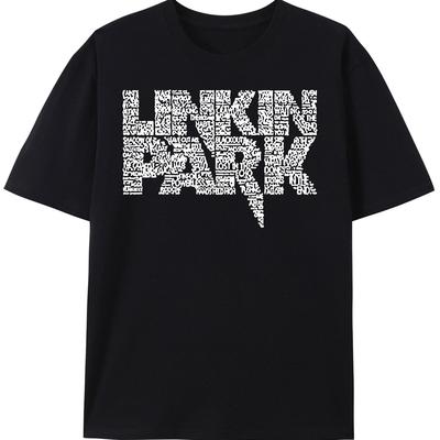 TEMU For Park Men's Short Sleeve Cotton T-shirt - Black With White Printed Design, Casual Round Neck Tee For Casual Attire, Machine Washable, Fit, Casual Wear | Slim | Knitted Texture Image