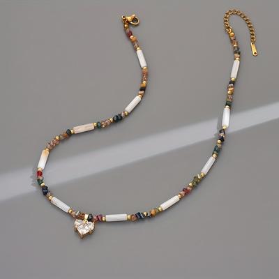 TEMU Boho Chic Artificial Crystal Heart Necklace For Women, Random Bead Colors, Daily & Party Wear, Accessory Image