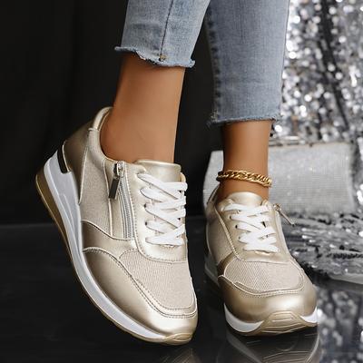 TEMU Women's Lightweight Breathable Low-top Sneakers - Golden Metallic Synthetic Cover Upper, Lace-up Casual Shoes With Cushioned Insole & Rubber Sole For Wear