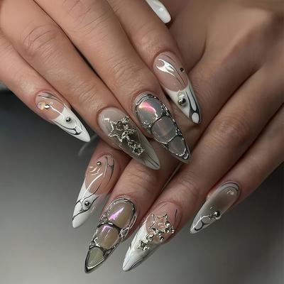 TEMU A Set Of 24 -shaped Dark -on Nails With Pearl , Golden , Ballet False Nails, Silvery Gradient Irregular Stripes Nails, With , 1 Piece Of Nail File, 1 Piece Of Cuticle Pusher. Image