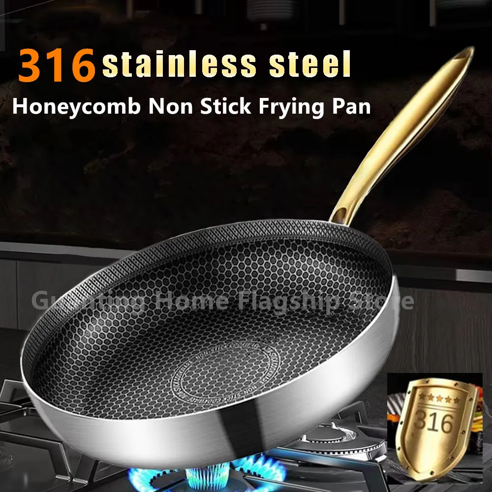316 Stainless Steel Frying Pan Wok Non-stick Honeycomb Pot Home Steak skillet Gas Stove Induction Saucepan Kitchen Cookware 30cm