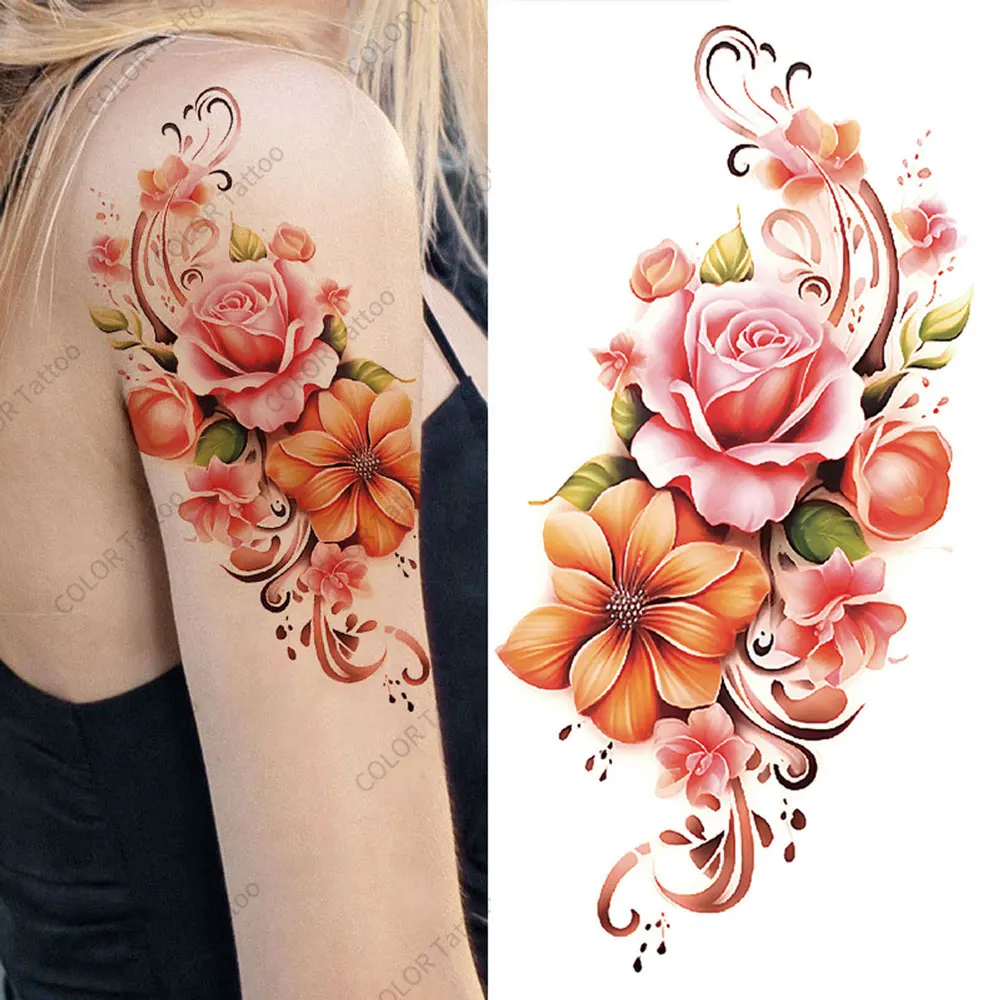 Farbe Blume Temporäre Tattoo Aufkleber Für Frauen Wasserdichte Floral Fake Tattoo Für Hand Arm Körper Kunst Sommer Urlaub Körper Kunst Image