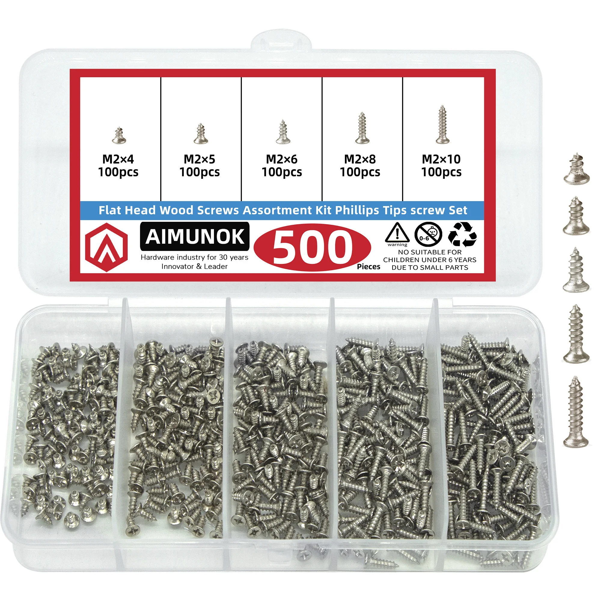 500 Stück M2 selbstschneidendes Kreuzschlitzschraubenset, 5 Größen. Kohlenstoffstahl, Kreuzkopf, flache, selbstbohrende Holzschrauben für Heimwerker Image