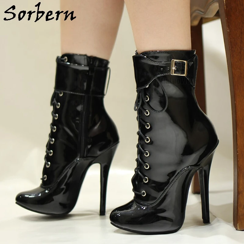 Sorbern Retro Schwarze Stiefeletten Damen Burlesque Heel Dancer Show Schnürstiefel High Heel Maßgeschneiderte Bein Stilettos Größe 36-46