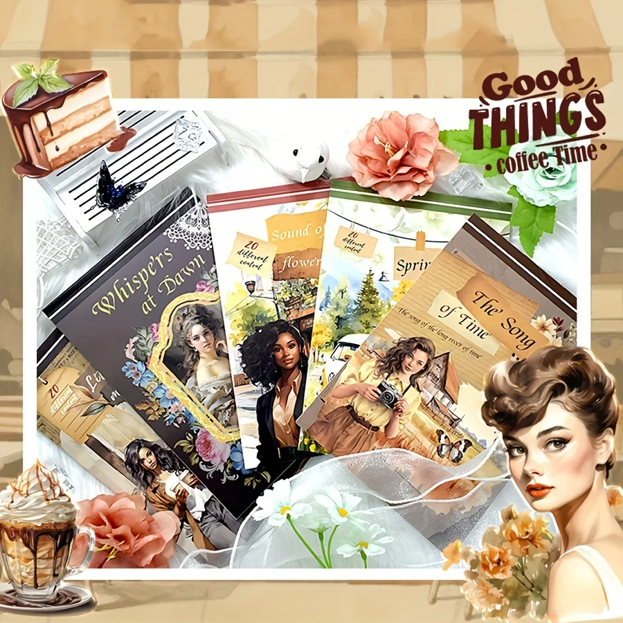 20 Blatt vorgeschnittenes Aufkleberbuch PET Washi Papier Vintage Mädchen große Aufkleber für Scrapbooking Journal Tagebuch Notizbuch Dekor Image