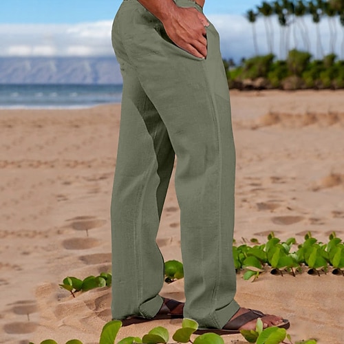 Herren Leinenhosen Hose Sommerhose Baggy-Hosen Strandhose Kordelzug Elastischer Bund Gerader Schnitt Einfach Komfort Atmungsaktiv Volle Länge Täglich Ferien Strand Urlaub Mode Weiß Marineblau Image