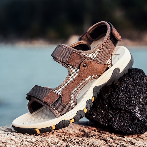 Beige-gelbe Outdoor-Wandersandalen für Herren mit verstellbarem Klettverschluss, atmungsaktivem Stoff und rutschfester Sohle für Sommerabenteuer Image