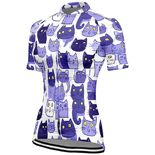 Damen Radtrikot Katze Kurzarm Fahhrad T-Shirt Trikot mit 3 Gesäßtaschen Mountainbike MTB Schnelltrocknend Anatomisches Design Feuchtigkeitsableitend Atmungsaktiv Sport Schwarz Weiß Dunkellila Image