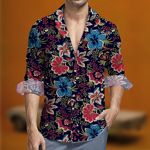 Retro Vintage 1970er Hemd Aloha-Hemd Hippie Blumen Kostüm Herren Maskerade Party Alltagskleidung Pride Parade Erwachsene Hemd Image