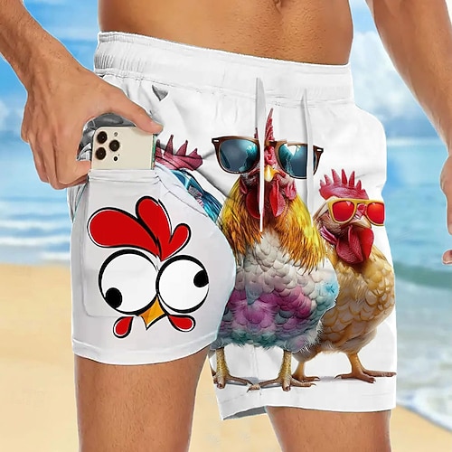 Herren Küken Lustig Gefütterte Shorts 2 in 1 Badeshorts Badeshorts Mittlere Taille Hawaiianisch Urlaub Ferien Strandbekleidung Seitentaschen Mit Kompressionsfutter Elastischer Kordelzug in der Taille Image