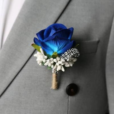boutonniere da ballo di fine anno per uomo, blu, rosa, bianco, per sposo e testimoni, accessori floreali, decorazioni per abiti da ballo