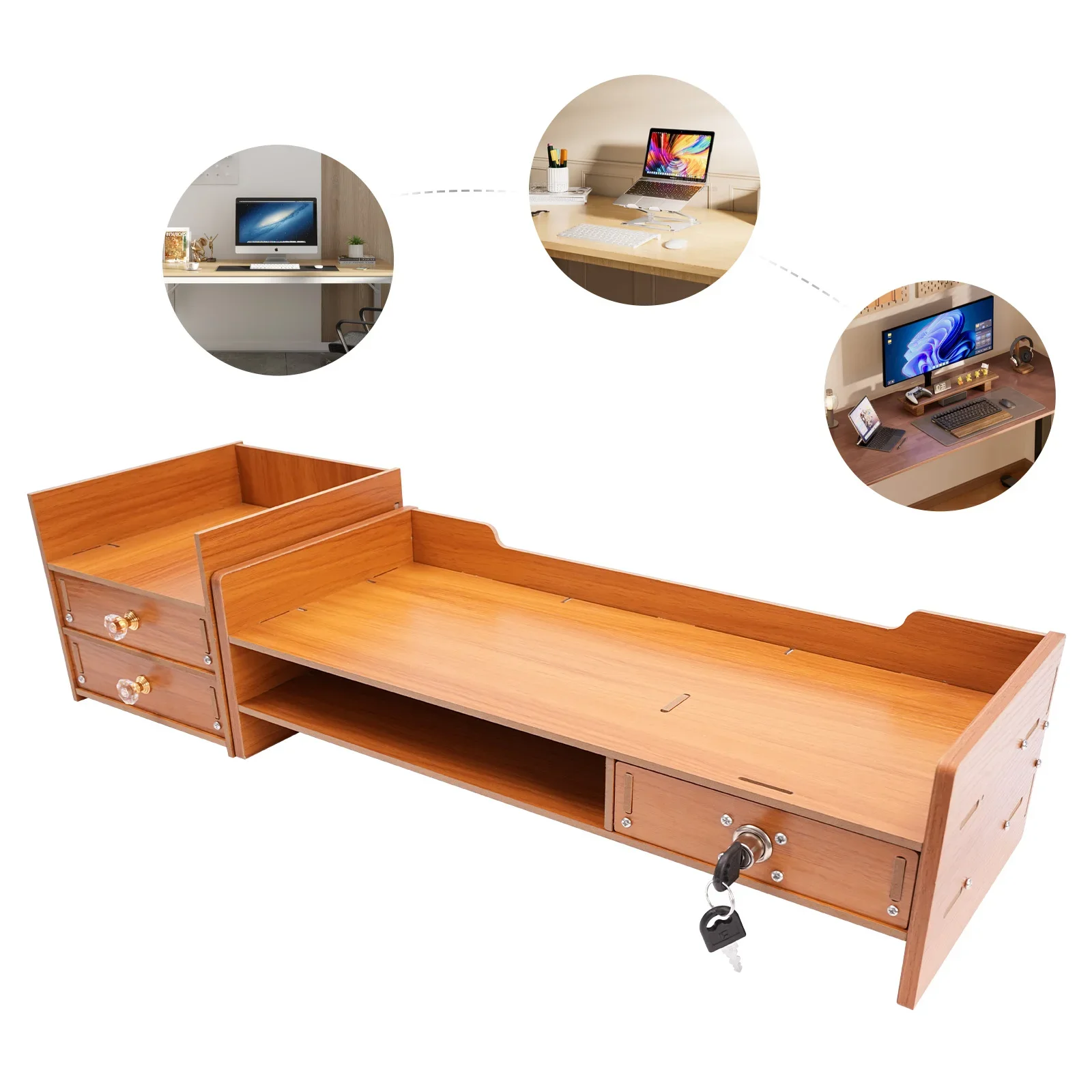 Monitorständer aus Holz, 2-stufig, exquisiter Monitorständer mit Schublade, Laptop-Computer-Monitor-Riser für PC-Bildschirme, ergonomische Höhe Image