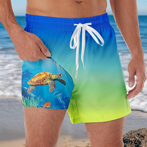 Herren Farbverlauf Meeresschildkröte Gefütterte Shorts 2 in 1 Badeshorts Badeshorts Mittlere Taille Hawaiianisch Urlaub Strandbekleidung Seitentaschen Mit Kompressionsfutter Elastischer Kordelzug in Image