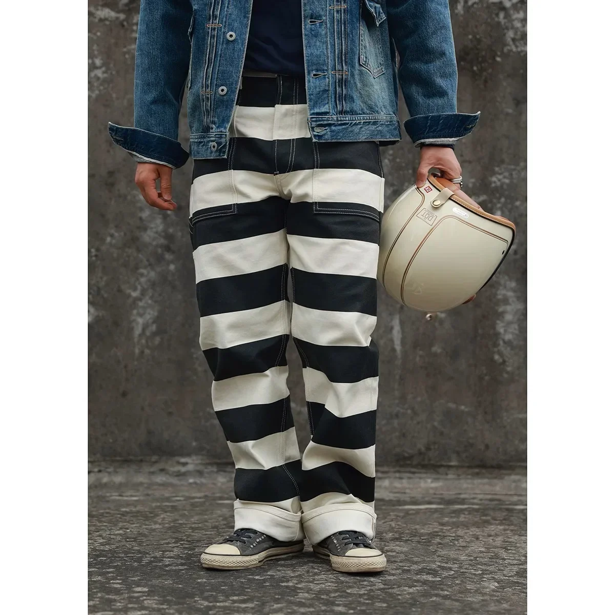BOB DONG Motorradhose mit mehreren Taschen, gewaschene Prisoner-Streifenhose für Herren Image