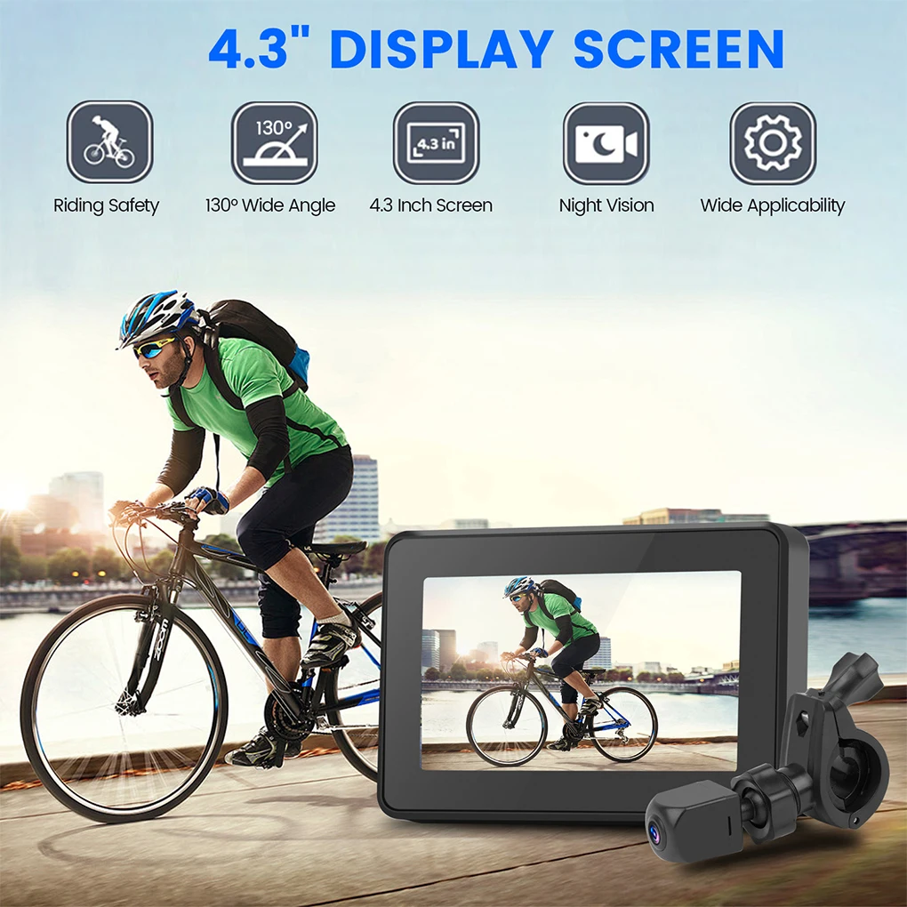 Lenker Fahrradspiegel 1080P Fahrradrückfahrkamera 4,3'' Monitor 8-LED Nachtsicht 150 ° Drehbare Halterung mit Weitwinkelansicht Image