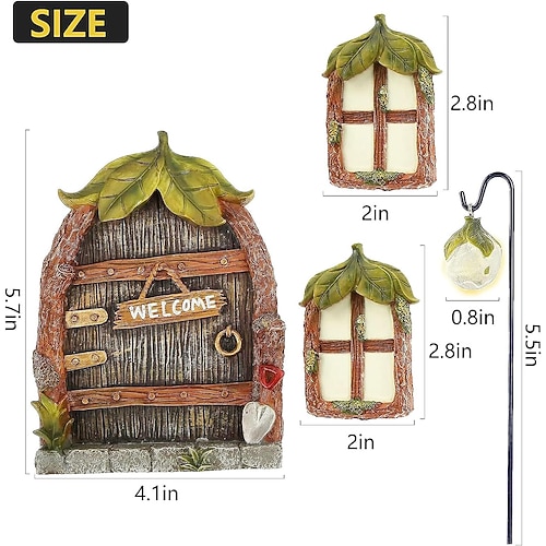 Feentür und -fenster für Bäume, 4 Stück, im Dunkeln leuchtende Garten-Kunstskulptur-Dekoration für Kinderzimmer, Wand und Bäume im Freien, Miniatur-Feengarten-Dekorationszubehör für den Außenbereich