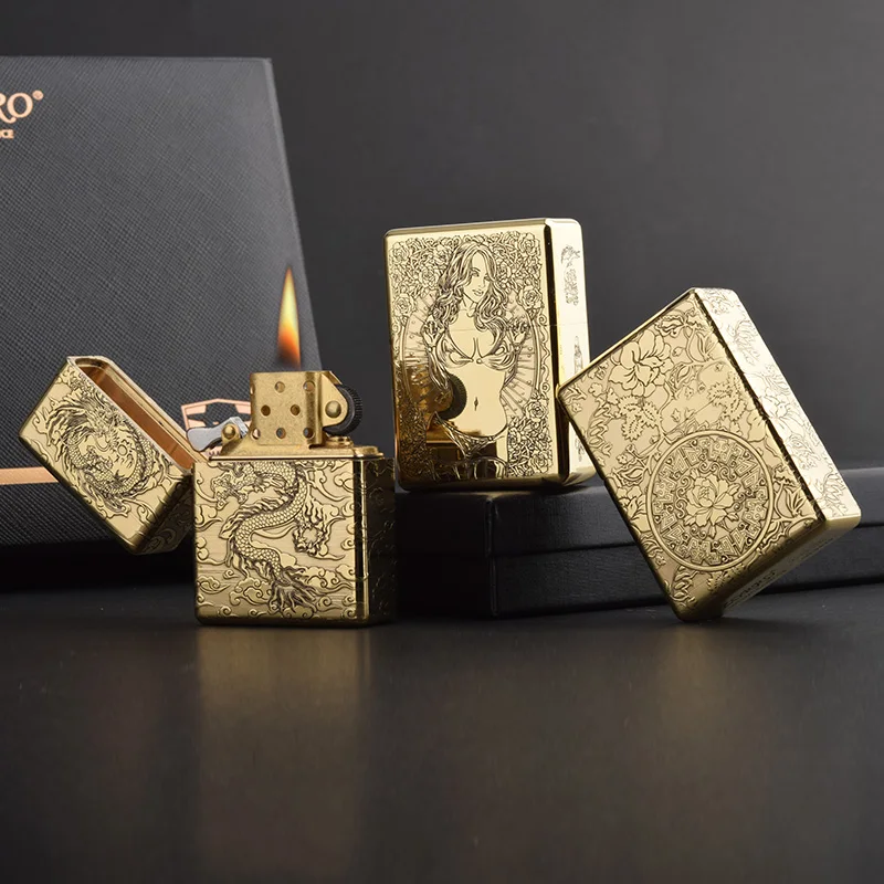 ZORRO 912 912S Retro High-End Heavy Armor Messing Titan Winddicht Kerosin Feuerzeug 3/5 Scharnier Metall Benzin Feuerzeug Herren Geschenk Image