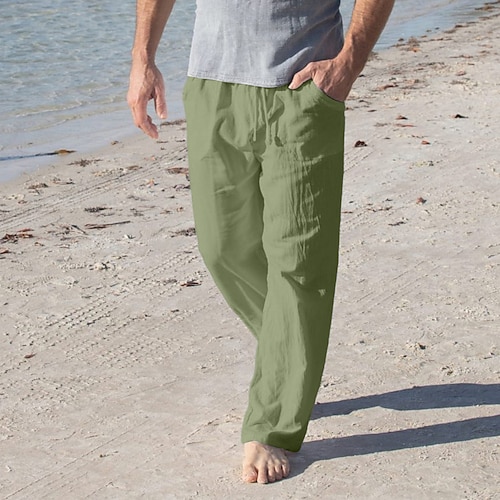 Herren Leinenhosen Hose Sommerhose Baggy-Hosen Strandhose Kordelzug Fronttasche Gerader Schnitt Einfach Komfort Atmungsaktiv Volle Länge Yoga Ferien Strand Mode Hawaiianisch Weiß Marineblau Image