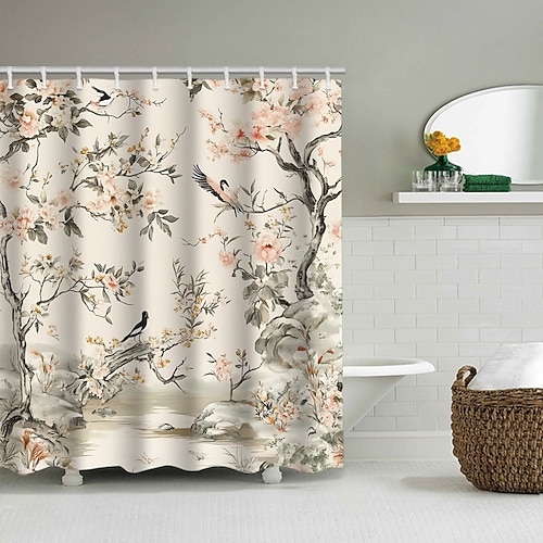 Duschvorhang mit Haken 200 cm hoch duschvorhang waschbar Polyester duschvorhang blumen wasserdicht Muster Badezimmer Badewanne Dekor florale Vogelpflanze Image