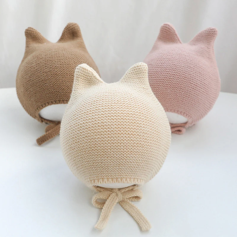 Süße Baby Gehörschutz Hut Herbst Winter warm gestrickte Motorhaube Kappe einfarbig Kleinkind Junge Mädchen Ohren schützer Mütze Image