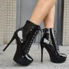 LAIGZEM Frauen Knöchel Plattform Stiefel Schnüren Stiletto High Heels Glänzende Booties Schwarz Party Unisex Schuhe Frau Große Größe 41 42 47 52