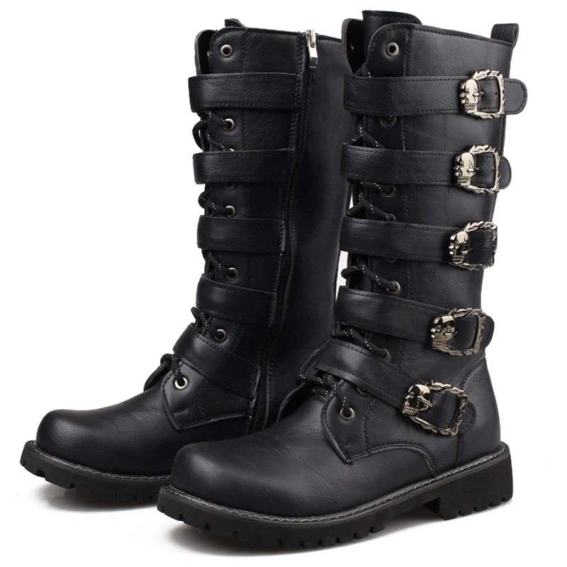 Stivali da moto in pelle da uomo Stivali a metà polpaccio Cintura gotica Scarpe punk rock Stivali casual neri da esterno Stivali invernali da uomo di grandi dimensioni